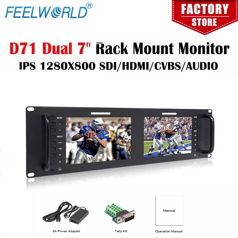 

Feelworld D71 Dual 7 inch 3RU Rack Mount Monitor IPS 1280x800 Broadcast LCD Display with 3G SDI HDMI AV Input Output LAN Port