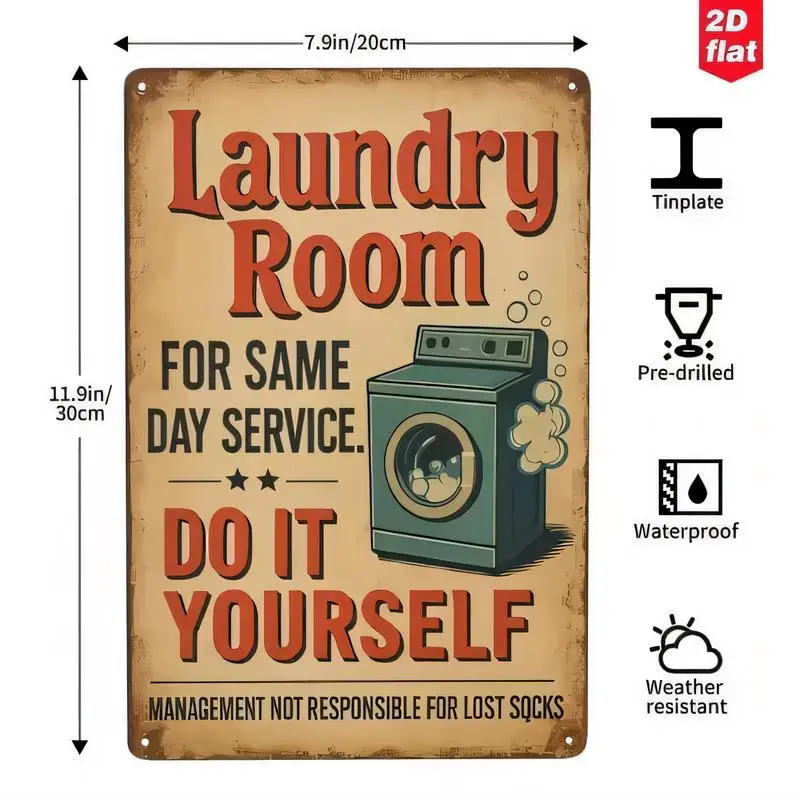 Laundry Room Vintage Tin Sign - 20x30cm Retro Wall Decor with Washing Machine & Lost Socks Slogan, Pre - Drilled, Waterproof, We
