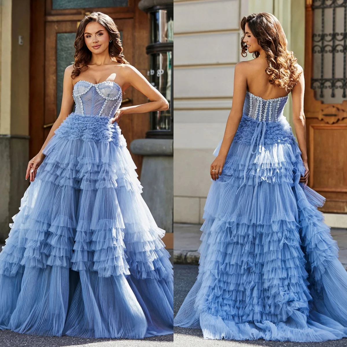 New Blue Prom Dress Women Sexy Empire Sweetheart Evening Gowns Sleeveless Formal Dresses For Prom PartyTiered Ruffled Customized