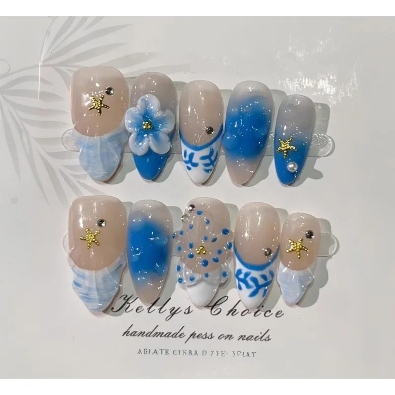 

24PCS 3D Flower Shell Starfish False Nails Blue Gradient Diamonds French Fake Nails for Women Wearable Almond Nail Manicure