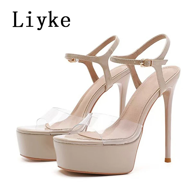 

Сексуальные черные босоножки Liyke на толстой платформе с открытым носком, прозрачные, на высоком каблуке, с ремешком на пряжке, для женщин, для банкетов и вечеринок