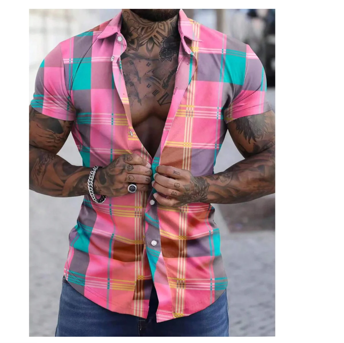 

2024 New men's shirt plaid print retro lapel short sleeved shirt casual vacation men's designer designed clothing in plus size