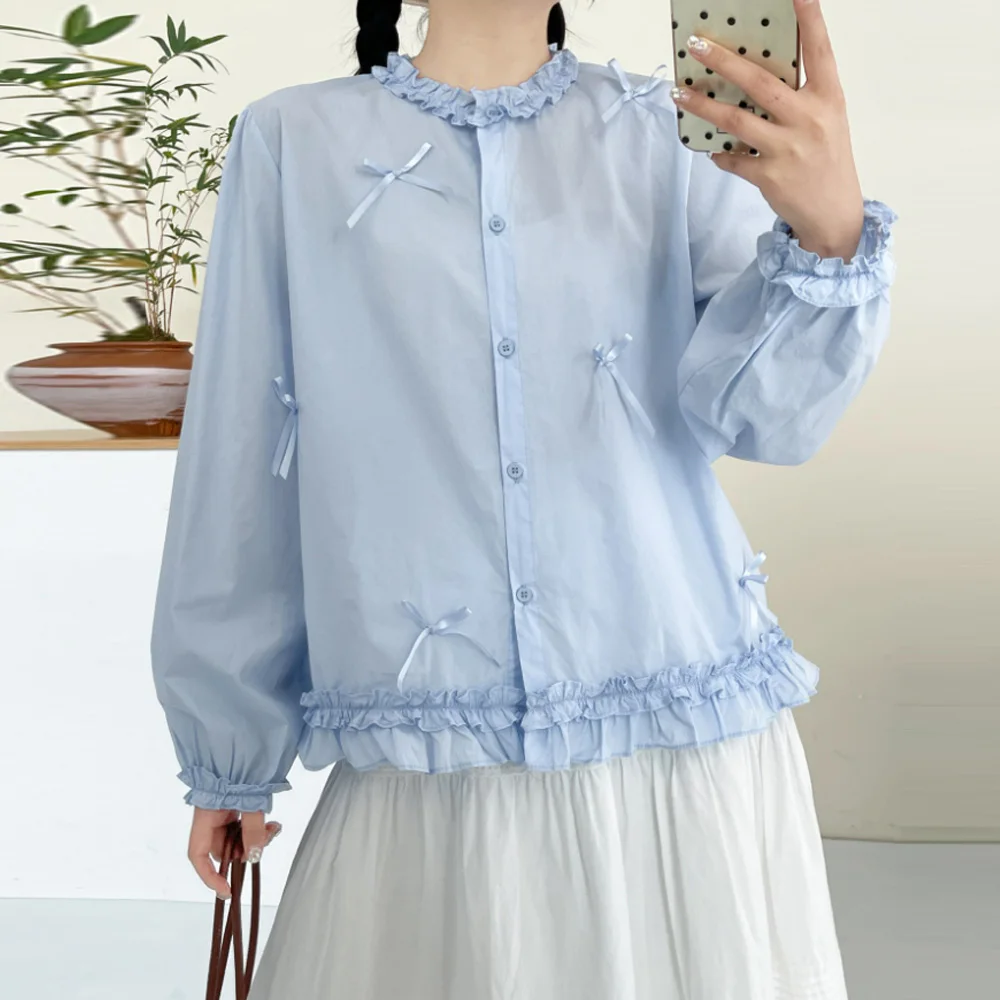 

Новинка Весна 2026: Женская хлопковая блузка в стиле Mori Girl, однотонная, с бантом, воротником-стойкой и рюшами, с длинным рукавом, повседневная, свободного кроя