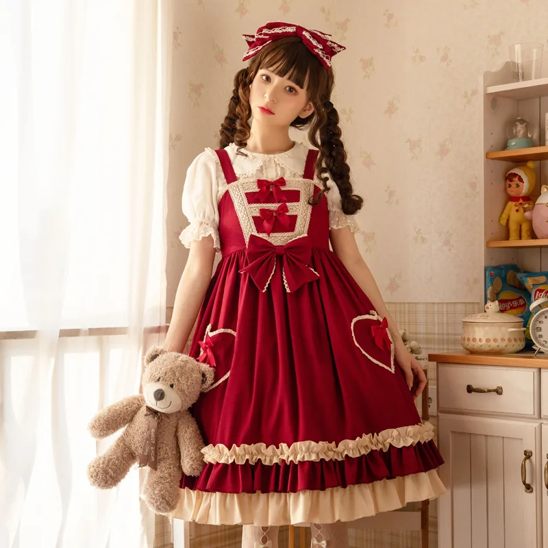 Red Lolita Kleider JSK Sommer Frauen Kawaii Jumper Rock Mädchen Spitze Miads Prinzessin Süße Kleid Japanischen Cosplay Kostüm Kleid