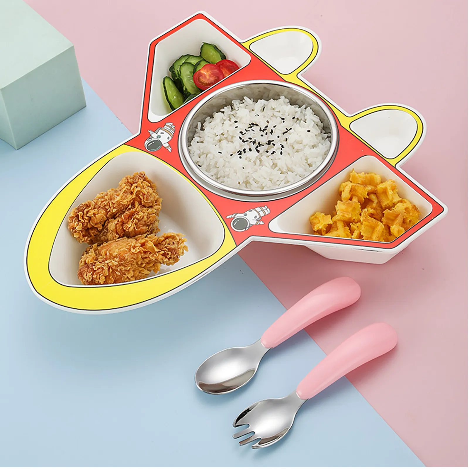 1set-toddler-divided-food-plate-airplane-shape-kids-eating-bowl-with-spoon-fork-cartoon-style-dishwasher-safe-for-daily