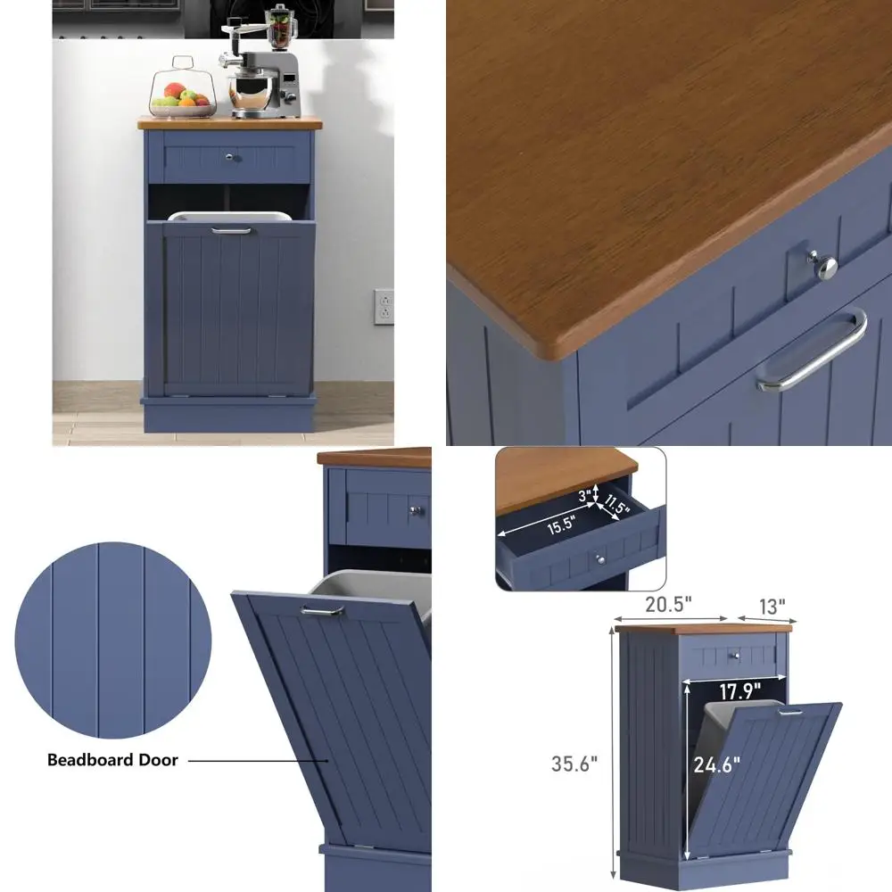 جزيرة مطبخ على شكل لوح خرز على الطراز العتيق مع سطح من الخشب الصلب ودرج وخزانة قمامة مقاومة للإمالة للحيوانات الأليفة #1