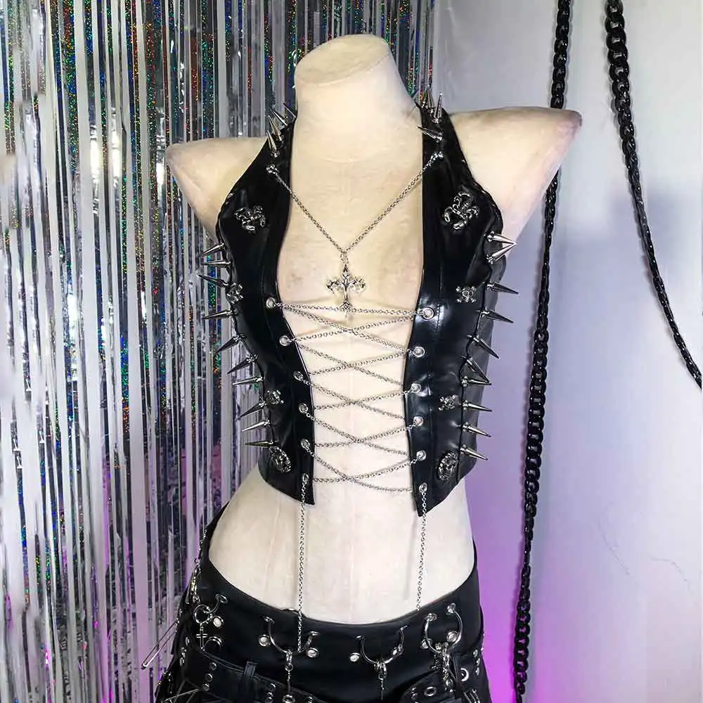 

Kawaii E-Girls Glitch Core Hand Made Punk Rock Skull Teen 90s Chain Goth DIY Eco Emo Grunge Y2K Halter Camisole TOPS Gothic Tank