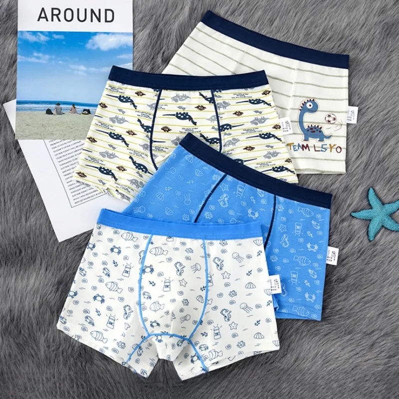 Boys Cotton Soft Antibacterial Underwear 4PCS Kid Cute Cartoon Print Panties Thin Breathable Boyshort 3+y Young Children Clothes