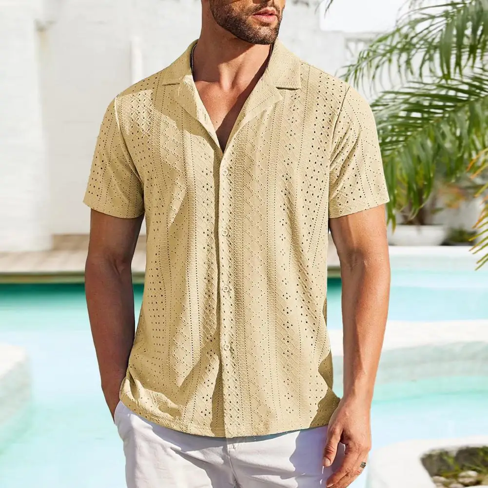 

Solid Color Summer Shirt Stylish Men's Hollow Out Summer Shirt with Turn-down Collar Short Sleeves Breathable Vacation for A