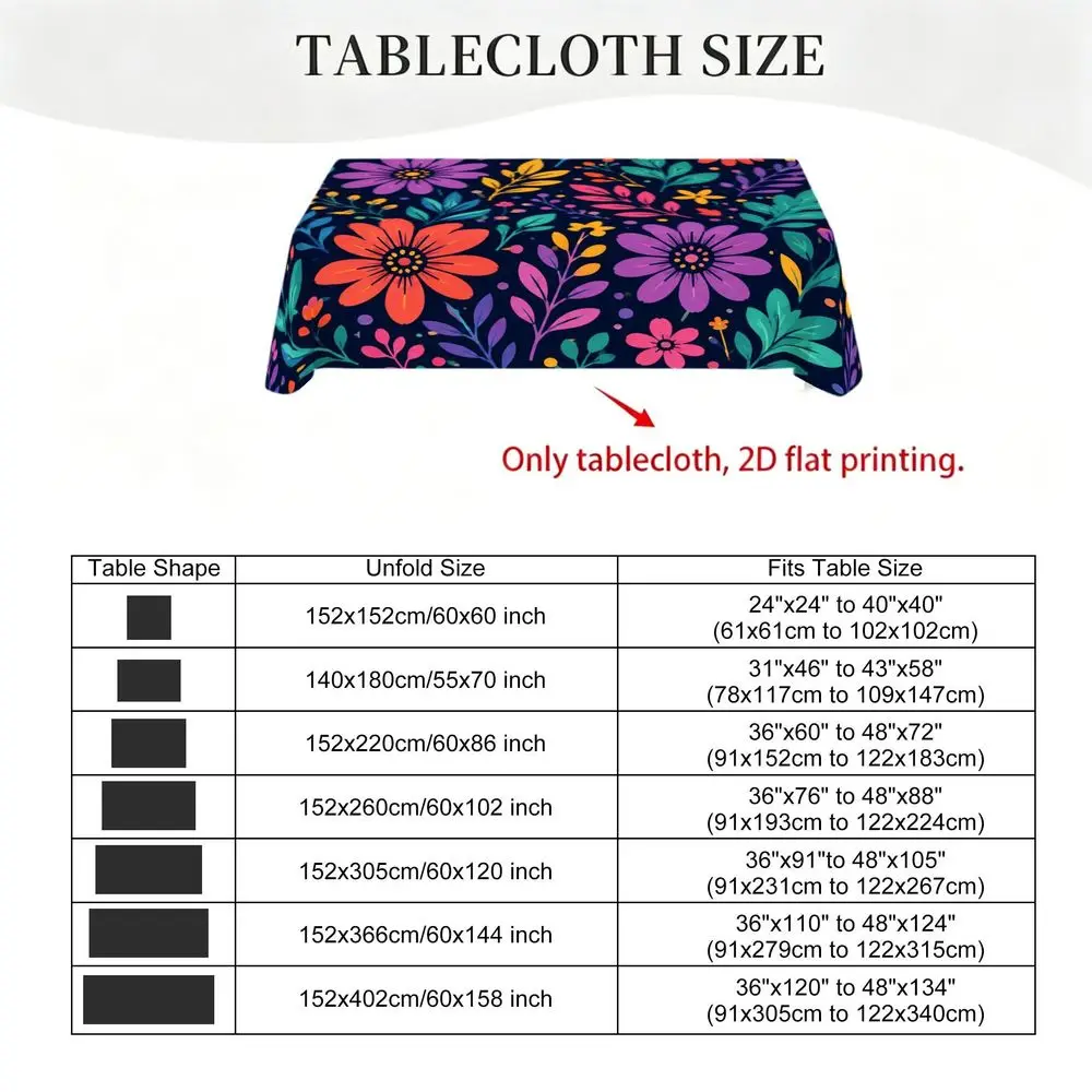 Boho Floral Tablecloth - Dark Navy Blue Base with Vibrant Purple Red And Yellow Flower Prints, Rectangular Polyester Fabric, Washable Dining Table Cover for Home Kitchen Party Wedding Holiday Seasonal Decor
