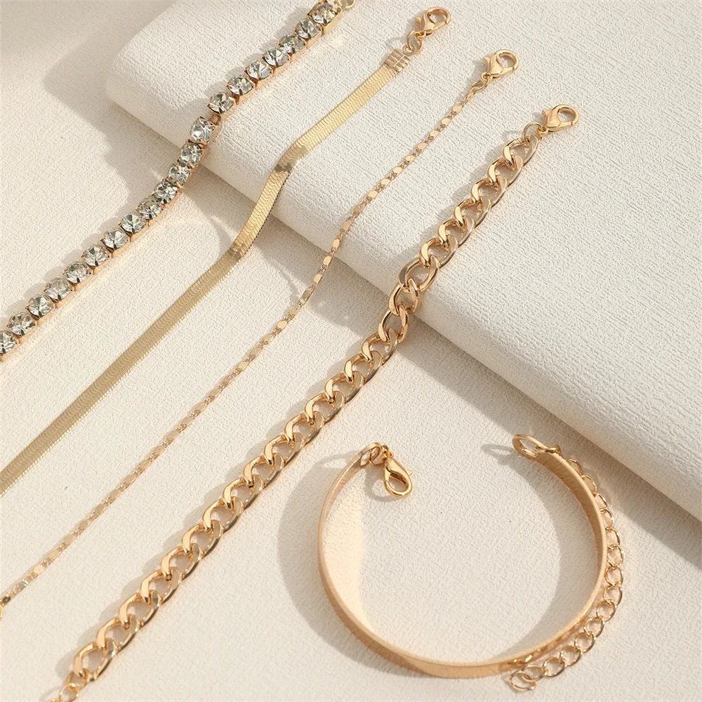 5pcs/Set Vintage Gold /Silver Color Simple Design Multielement Crystal Bracelets Set for Women  Adjustable Bangle Jewelry GIft