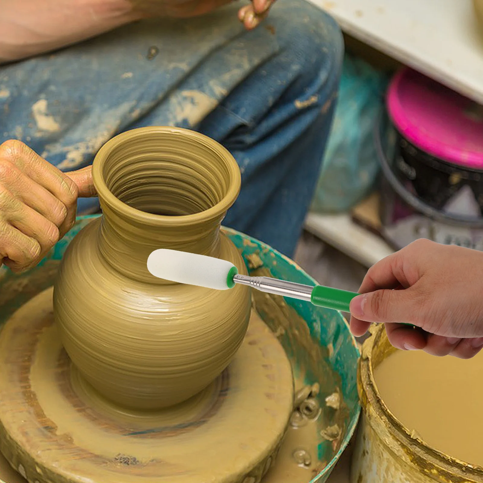 

Rotating Telescoping Pottery Sponge Stick Adjustable Ceramic Clay Sponge Rod Sculpting Tools Trimming Pottery Supplies