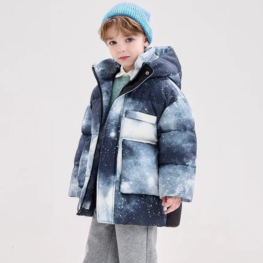 Boys Hooded Down Jacket 90% Duck Down Galaxy Print Kids Winter Parka Coat Thicken Windproof Children Outerwear 4‑14Y A4785