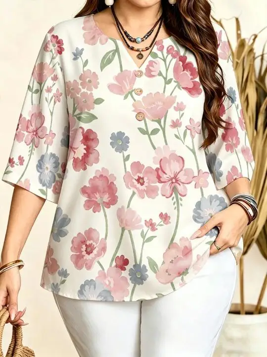 Women Watercolor Floral All‑Over Print Blouse Notched Neck 3/4 Sleeve Loose Fit For Curvy Figures Daily Casual Ladies Tops