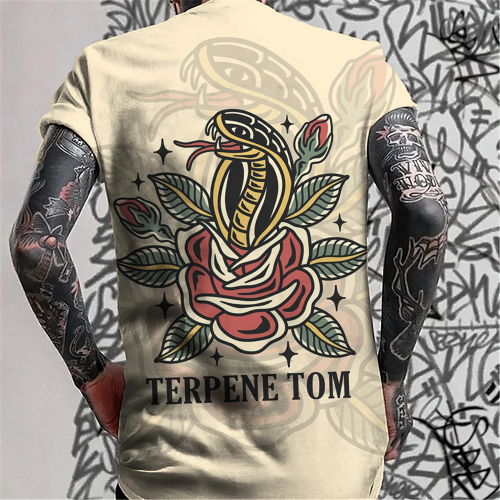 Men\'s Retro Tattoo Style T-shirt Trend 3D Printing Street Short Sleeved Hip-hop Punk Style Men\'s T-shirt Oversized Mens Clothing