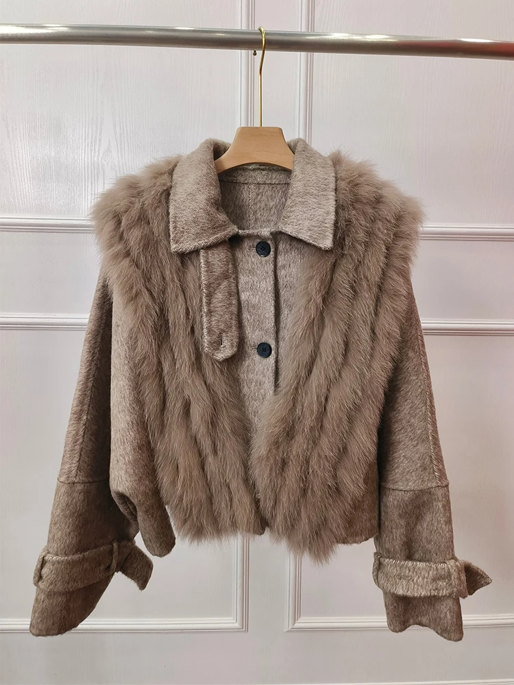 2024 autunno inverno vera pelliccia cappotto donna collo di pelliccia di volpe naturale giacca corta lana Cashmere lana capispalla donna cappotto femminile