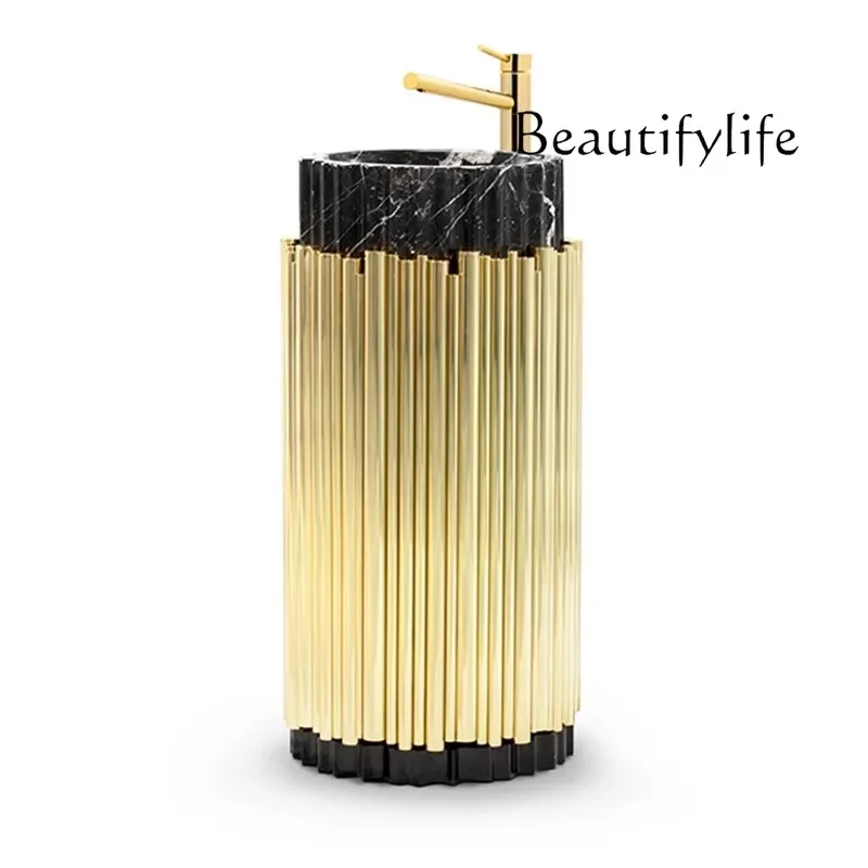 

M Итальянская легкая роскошная мраморная раковина для отеля Простая раковина в полоску в дереве Умывальник от пола до потолка