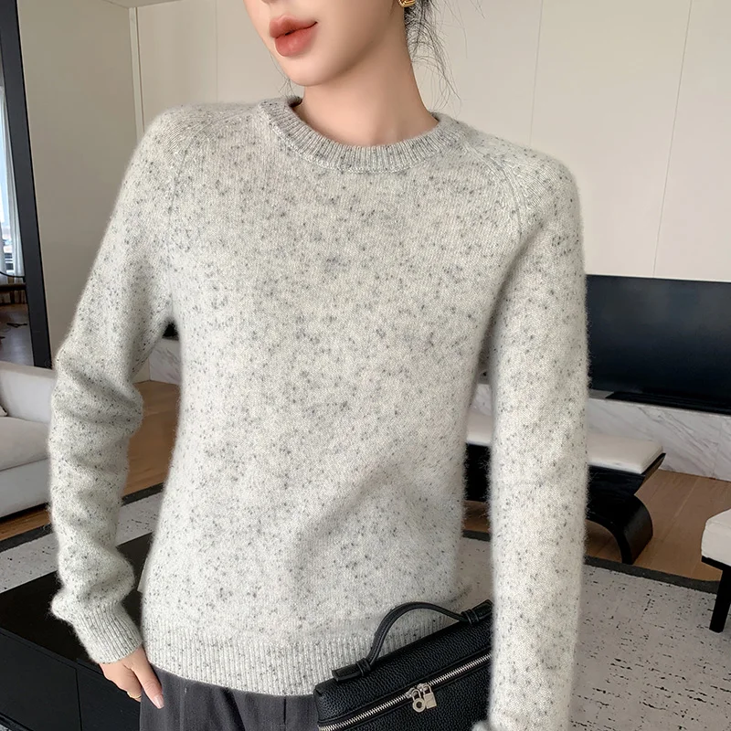 Autumn and Winter New Color Dot Yarn Double Thick 100% Pure Cashmere Sweater Women\'s Crewneck Pullover Loose Bottom Sweater Top