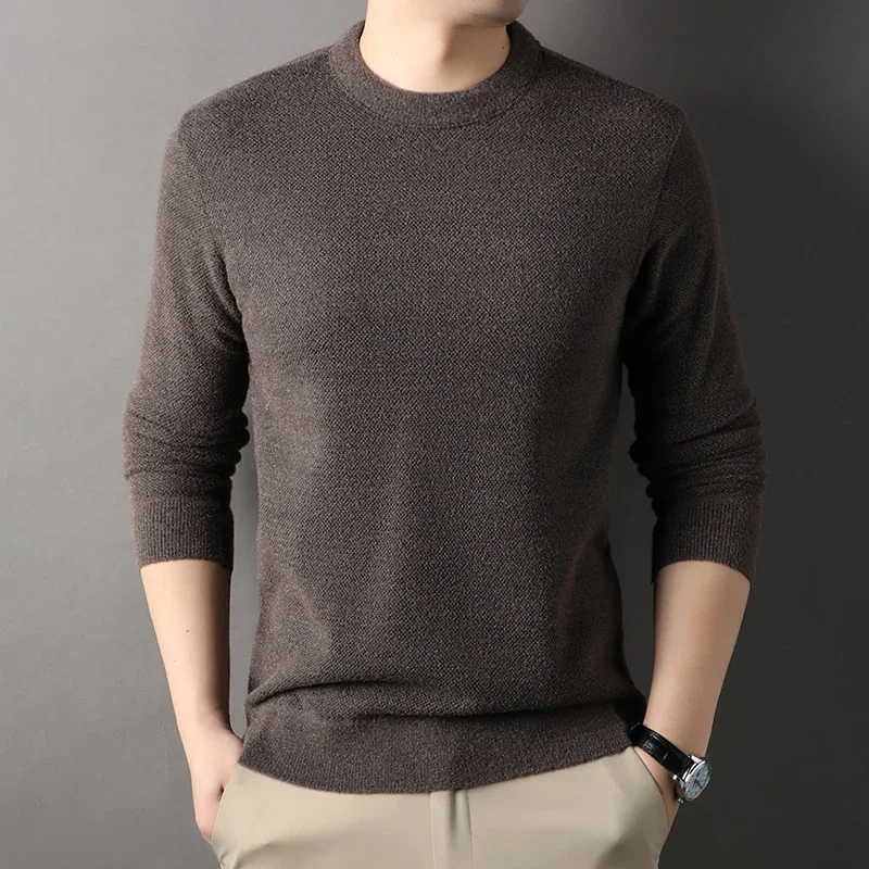 Winter men\'s round neck thickened sweater knitted pullover solid color long sleeved casual daily warm coat