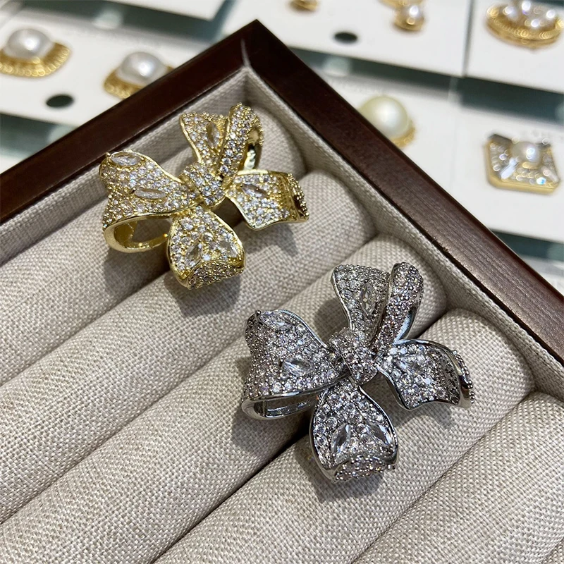 

shiny zirconia ring large bowknot gold silver color luxury jewelry women open ring sweet