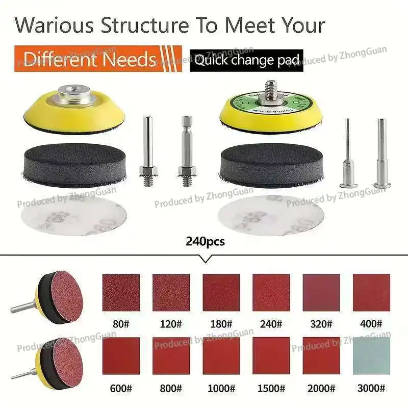 248-piece Sanding Kit, Grits 80-3000, Durable Sanding Discs for Polishing Metal, Wood, Glass, and Automotive Surfaces
