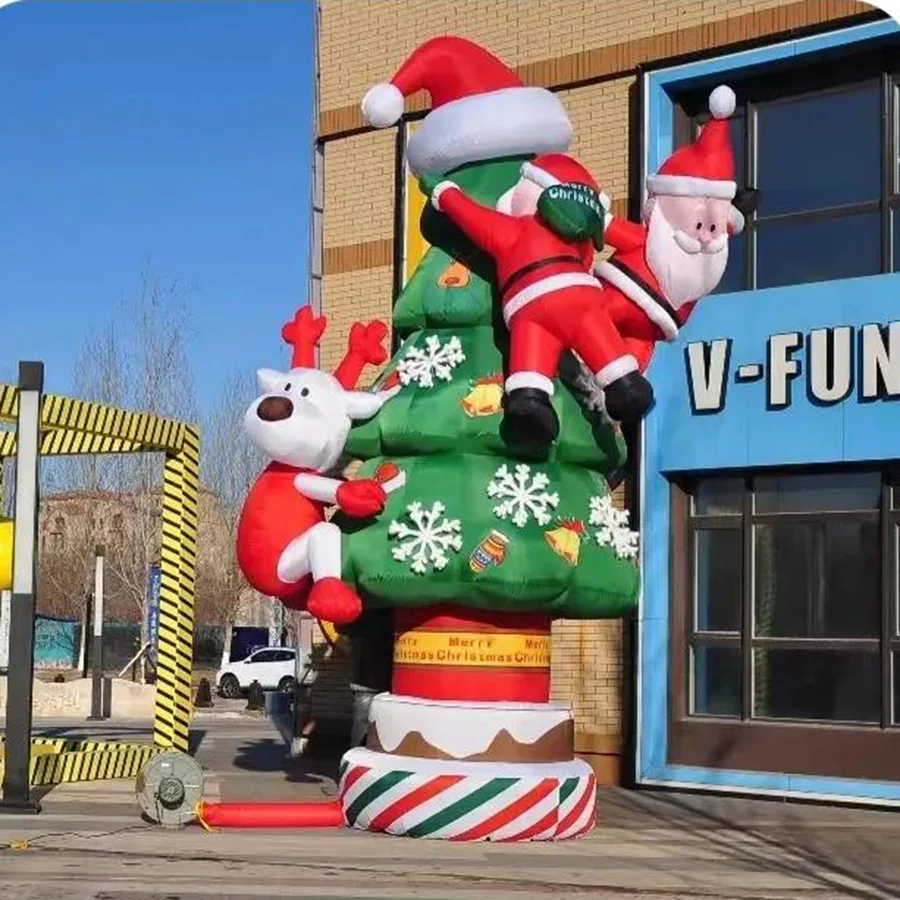 Christmas Inflatable Pine Tree with Climbing Santa & Air Blower Outdoor Yard Decoration for Holiday Parties & Events
