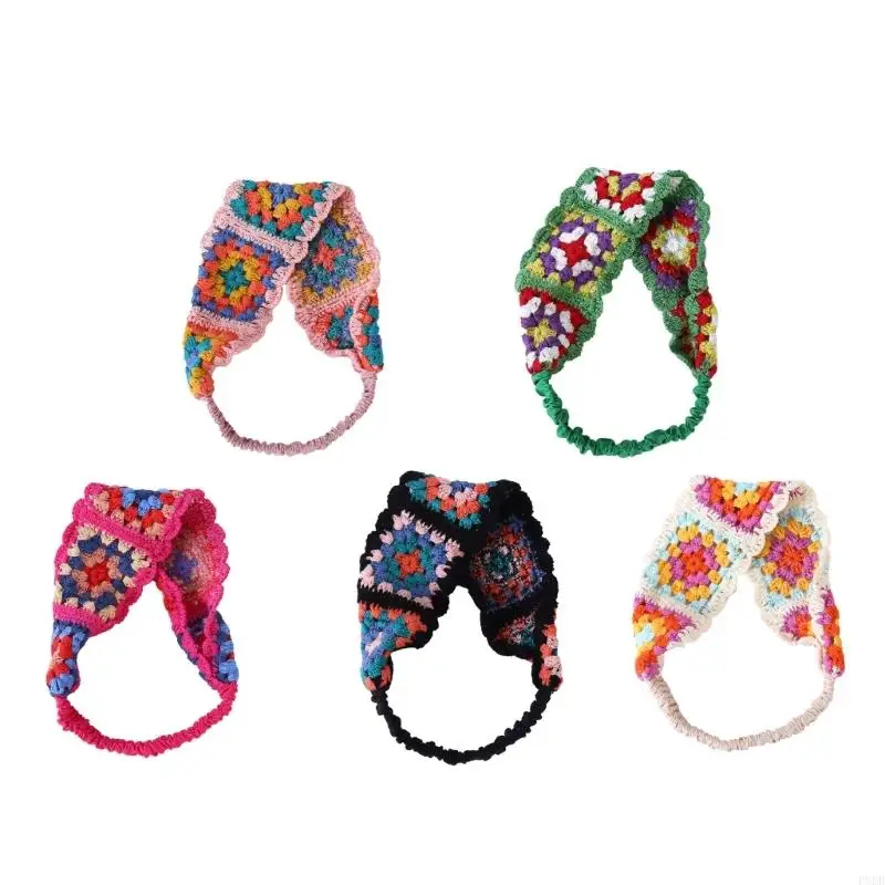 

P8DB Sweet Girls Colorful Crochet Headband Summer Sunproof Camping Headwrap with Stretchy Hair Rope Teenagers Lovely Kerchief