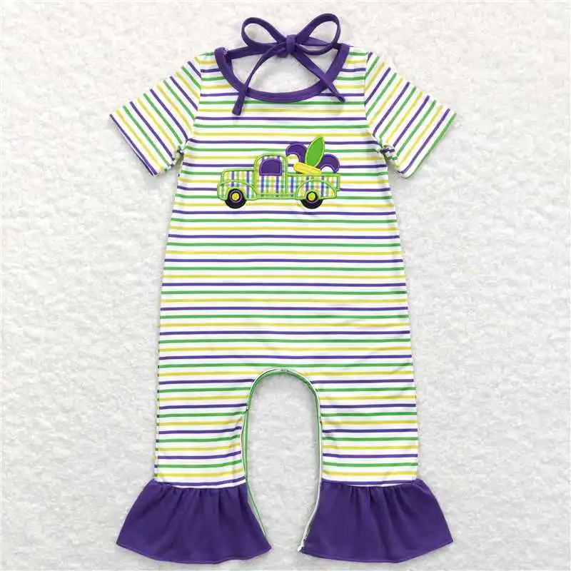 

Carnival Embroidered Truck Purple Green And Yellow Striped Lace Short Sleeve Jumpsuit Wholesale Boutique Children Romper