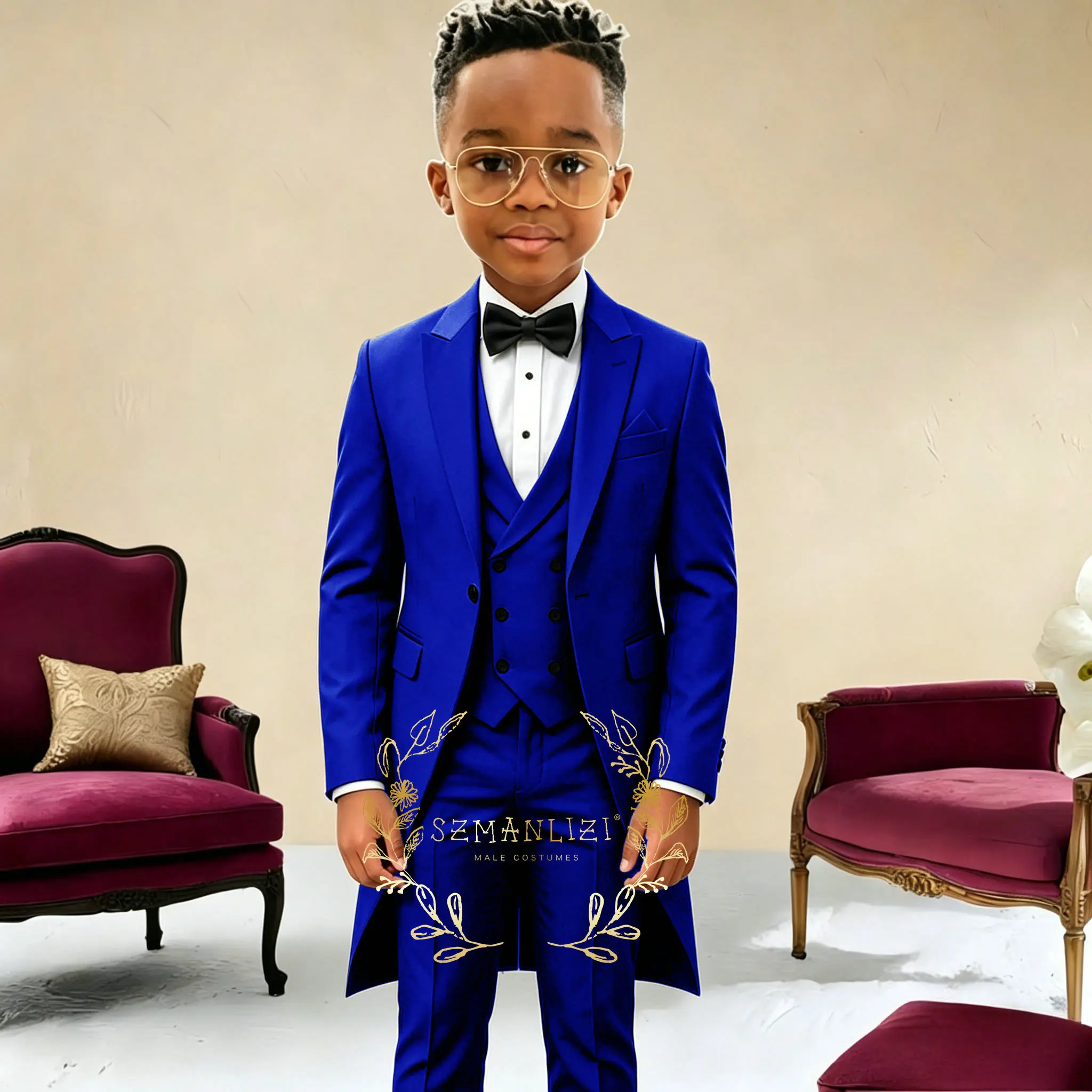

Elegant Royal Blue Formal Wedding Boy Suit Tuxedo Prom Slim Fit Long Blazer Boy High Quality Custom 3 Piece Costume Kids