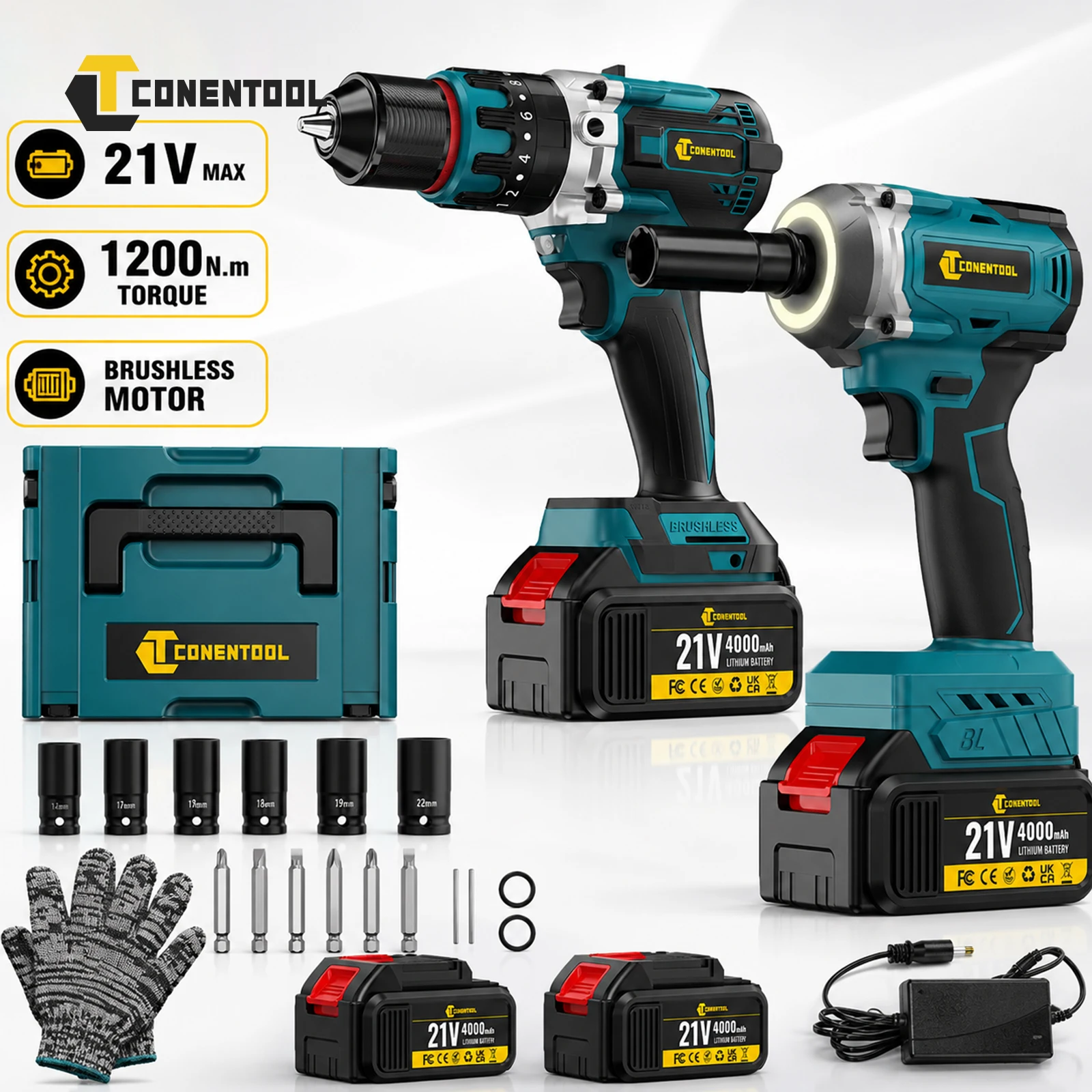 CONENTOOL Kit Combinado de Taladro Atornillador de Impacto Eléctrico sin Escobillas de 21V, Llave de Impacto Inalámbrica de 1200N.m con Taladro Atornillador de 120N.m, Juego de Herramientas Eléctricas Recargables con Batería de Litio, Velocidad Variable y Alto Torque para Bricolaje en el Hogar, Reparación de Automóviles, Construcción de Garajes