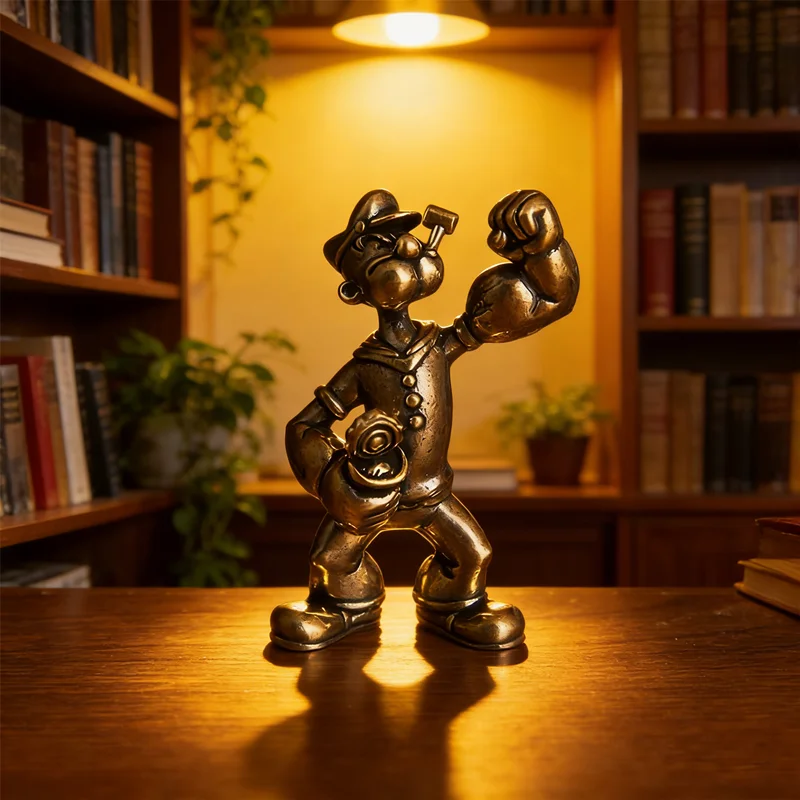 Brass Popeye Desktop Ornament Classic Cartoon Figure for Desk, Car Dashboard, a Unique Conversation Starter Decorative Accessory