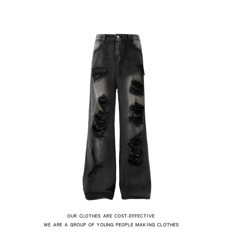 

Grey Black Hole Ripped Jeans Men's American Vintage Wash Loose Dark Style Trendy High Street Wide Leg Long Pants Casual Youth