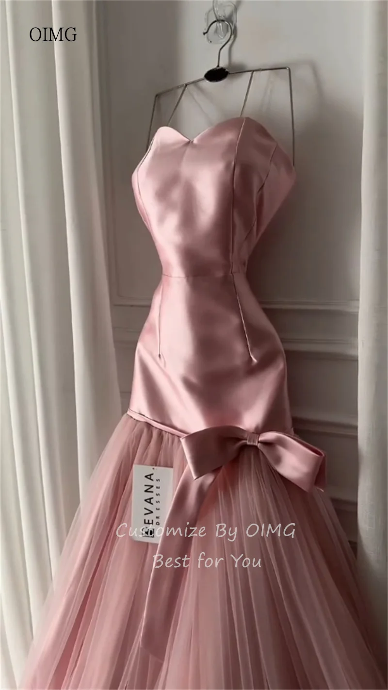 OIMG Blush Pink Strapless A Line Prom Gowns Bow Tulle Party Gown Floor Length Evening Dress vestido de fiesta Customized