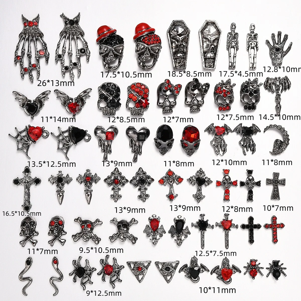 10 Stück Gothic Punk Nagelcharms Antik-Silber Totenkopf Skelett Kreuz Fledermaus Spinne Rote Strass 3D Metall Nagel-Maniküre Dekorationen