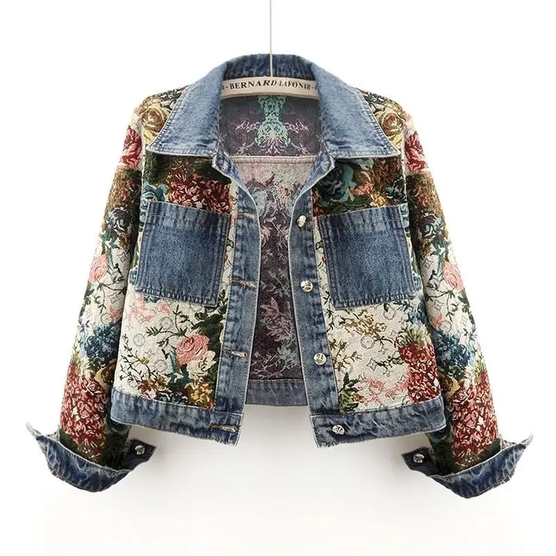 

Printed Patchwork Lapel Denim Coat Women Long Sleeve Spring Autumn Jacket Fashion Vintage Short Outerwears Single Breasted Coats