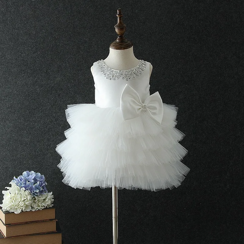 luxury Girls Princess Children Beading Bow Cake Tutu Dress Wedding Gown Sleeveless Kids Dresses baby infant Birthday Party Dress