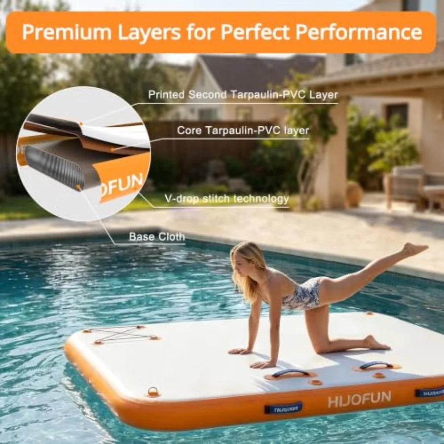Inflatable Floating Dock Mat For Lake Beach Pool Use, PVC Material, Blue, 6 Inch Thick Stable Non-Slip Surface With Storage Bag