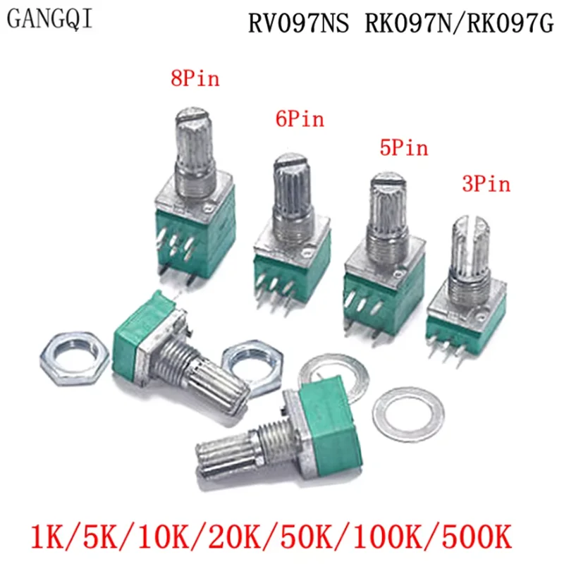 5PCS RV097NS 5K 10K 20K 50K 100K 500K with a Switch Audio Shaft 15mm Amplifier Sealing Potentiometer RV097 3pin 5pin 6pin 8pin