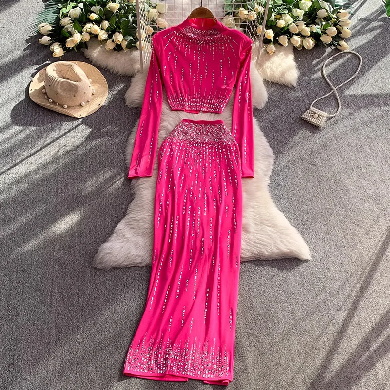 

Ins Style Light Luxury Heavy Craft Rhinestone Beaded Half Collar Short Top + High Waist Slimming Bodycon Long Skirt Set