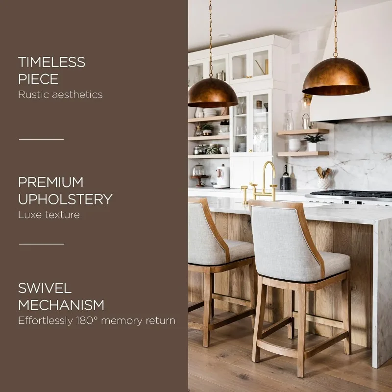 Vienna 26 Inch Tall Counter Height Rotating High Back Barstool in Weathered Oak Finish with Sand Color Fabric