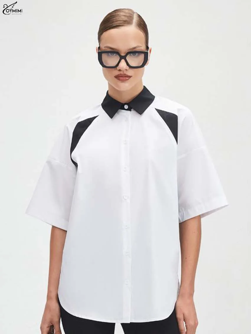 

Oymimi Casual White Cotton Woman Blouses Fashion Turn-Down Collar Patchwork Blouse Elegant Half Sleeve Single Breasted Blouses