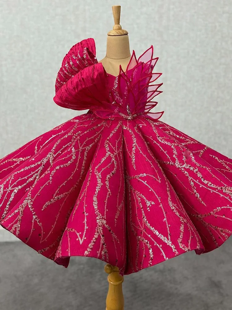 Cross-Border Children's Rose Red Dress Irregular Design Princess Dress Sequin Puff Dress Performance Costume Factory Direct Sale