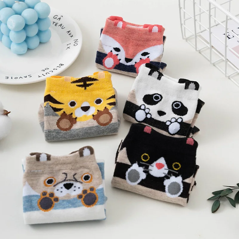 

10pcs=5 Pairs/lot Women's Striped Cotton Socks Kawaii Fox Tiger Panda Pattern Female Lady Lovely Cartoon Animal Tube Socks Woman