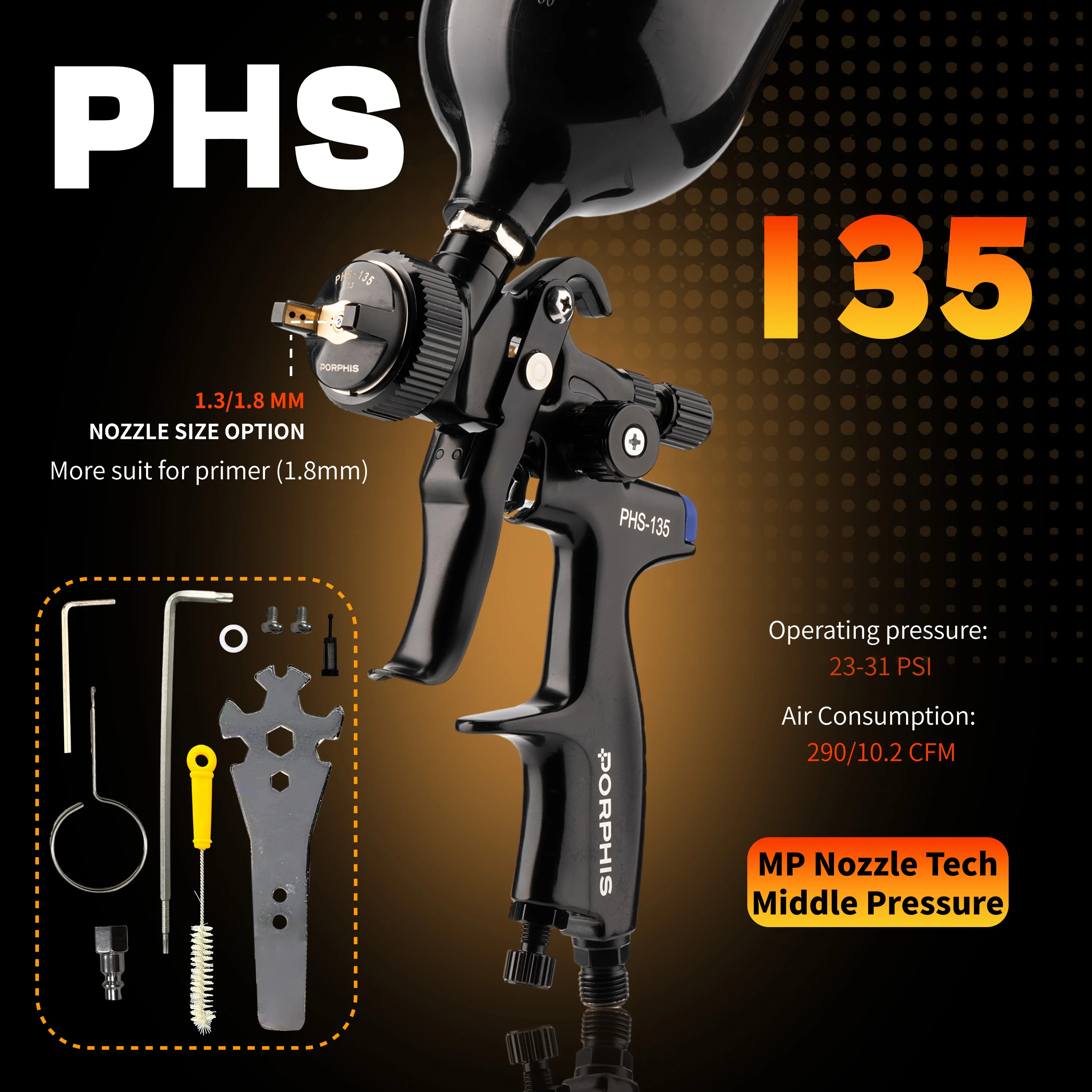 Original PORPHIS Spray Gun PHS-135 1.3mm/1.8mm Nozzle For Painting