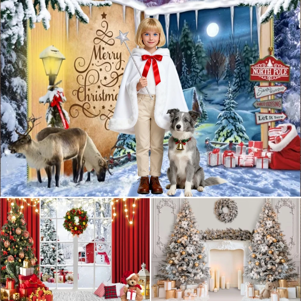 

Winter Snow Christmas Theme Photography Background Night Window Fireplace Wooden Floor Xmas Tree Children Family Party Prop