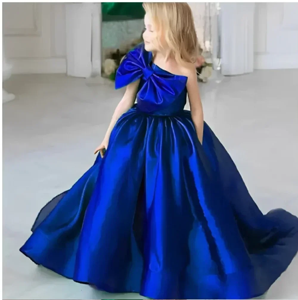 Royal Blue Flower Girl Dresses Tulle Tiered Appliques With Bow Sleeveless For Wedding Birthday Party First Communion Gowns