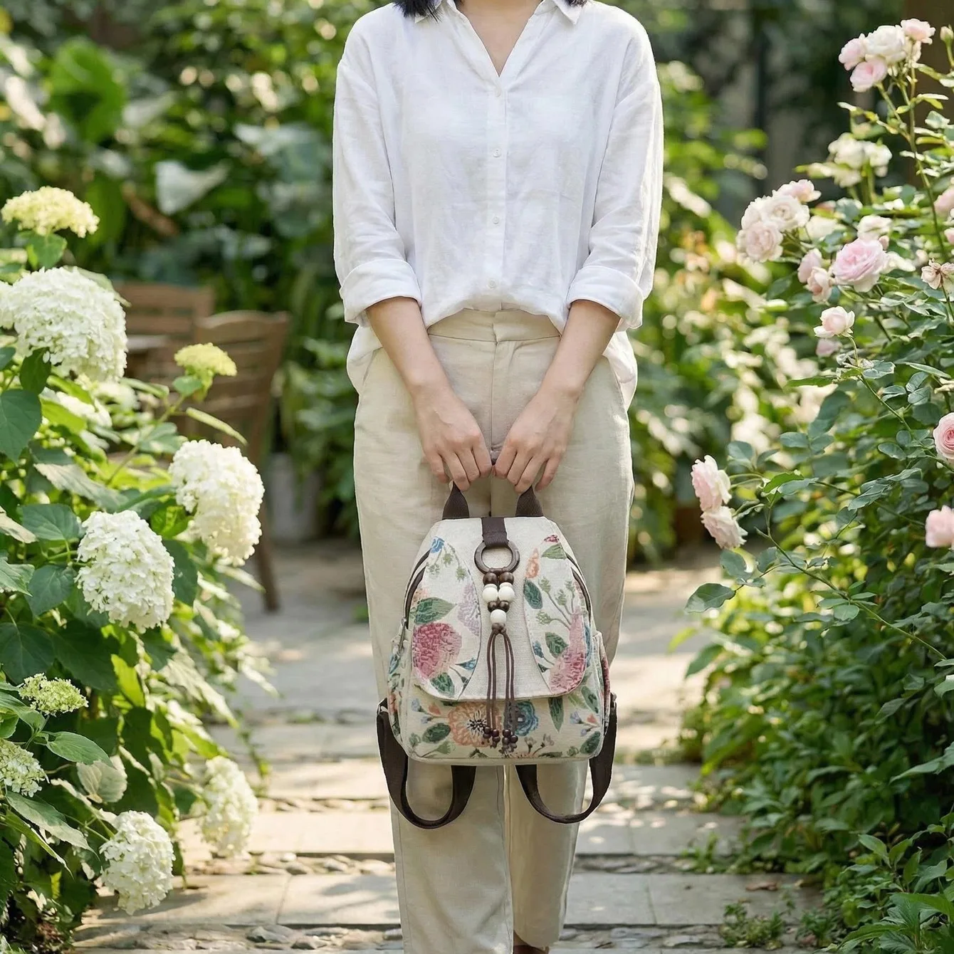 Vintage Floral Tapestry Backpack for Women Bohemian Bead Tassel Canvas Small Daypack Ethnic Style Travel Shoulder Bag - view 3