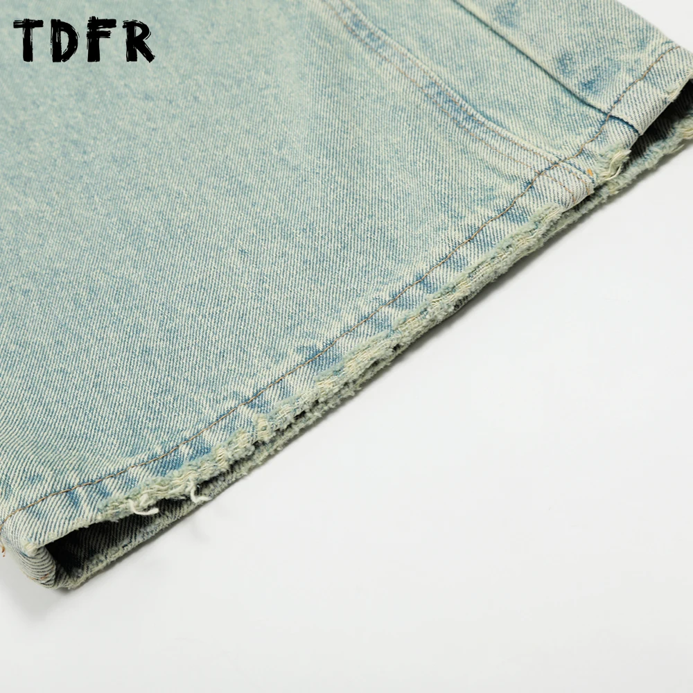 Ripped Denim กางเกง Mens Washed Distressed Spliced Streetwear Retro ตรงหลวมกางเกงยีนส์ขากว้างผู้ชาย