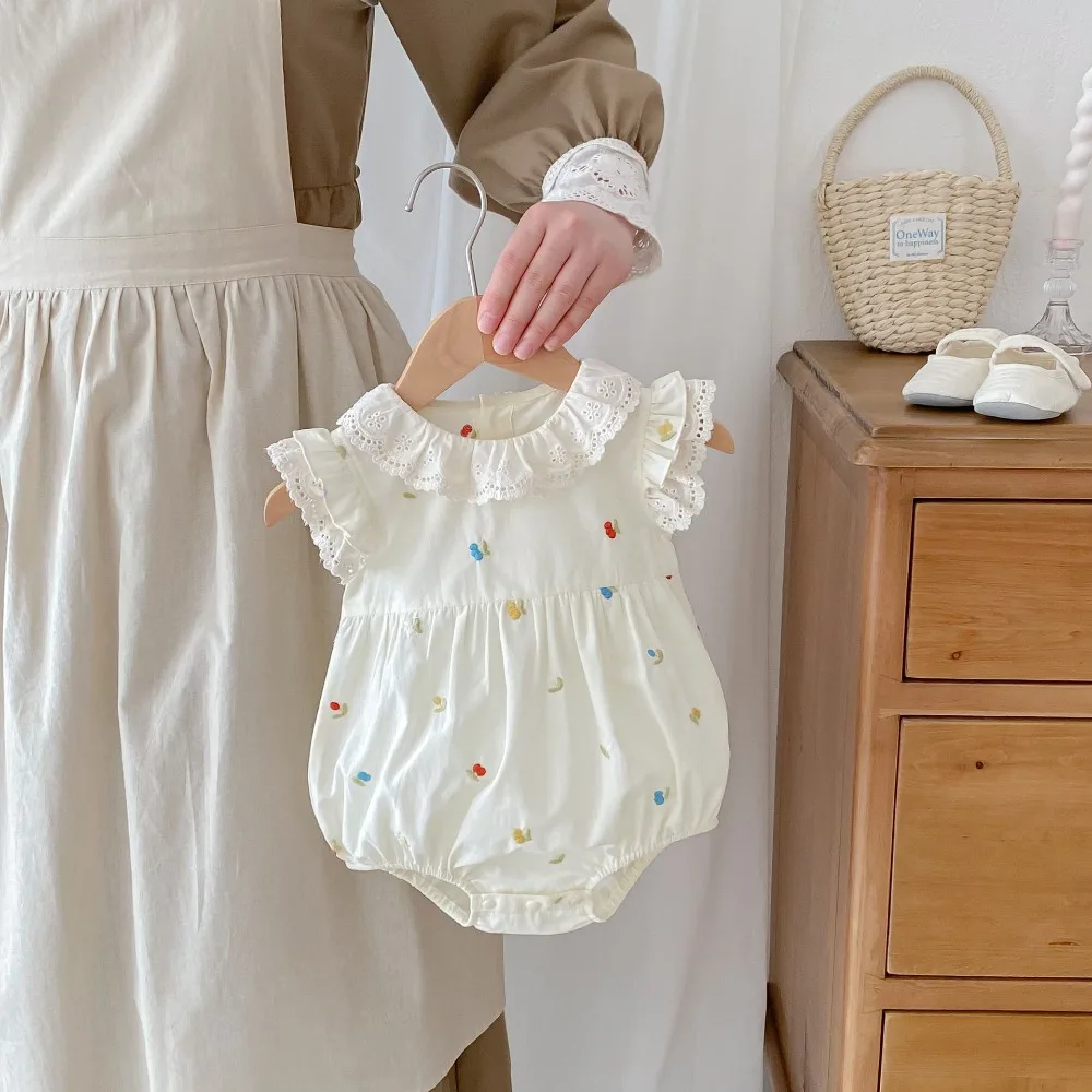 

Cute Baby Girl Romper 0-2Years Newborn Princess Ruffles Sleeve Lace Collar Cotton Bodysuit Outfits Summer Clothes
