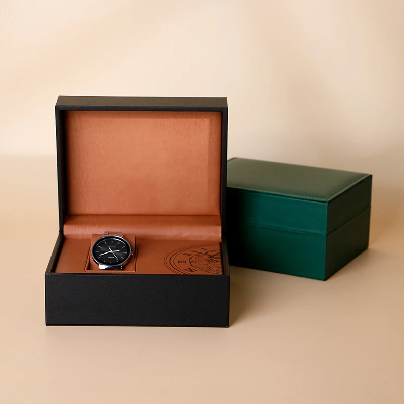 

Custom Logo Faux Luxury Leather Watch Box Gift Packaging High End Storage Case Elegant Clamshell Display Organizer